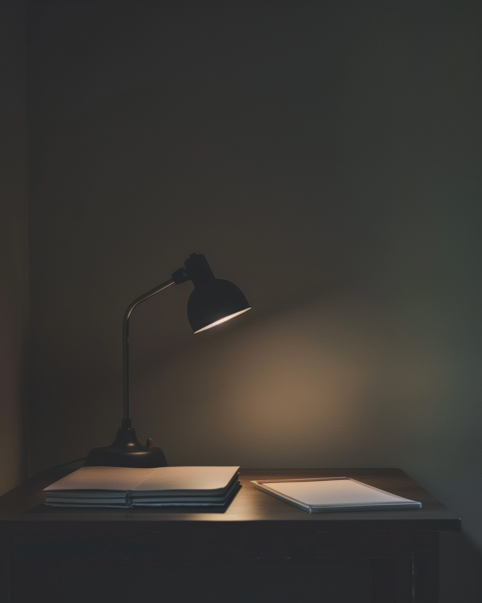 A single lamp-lit desk late in the evening